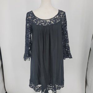 Rebecca Taylor Black Silk Shift Dress Lace Bell Sleeves Women's Size 4